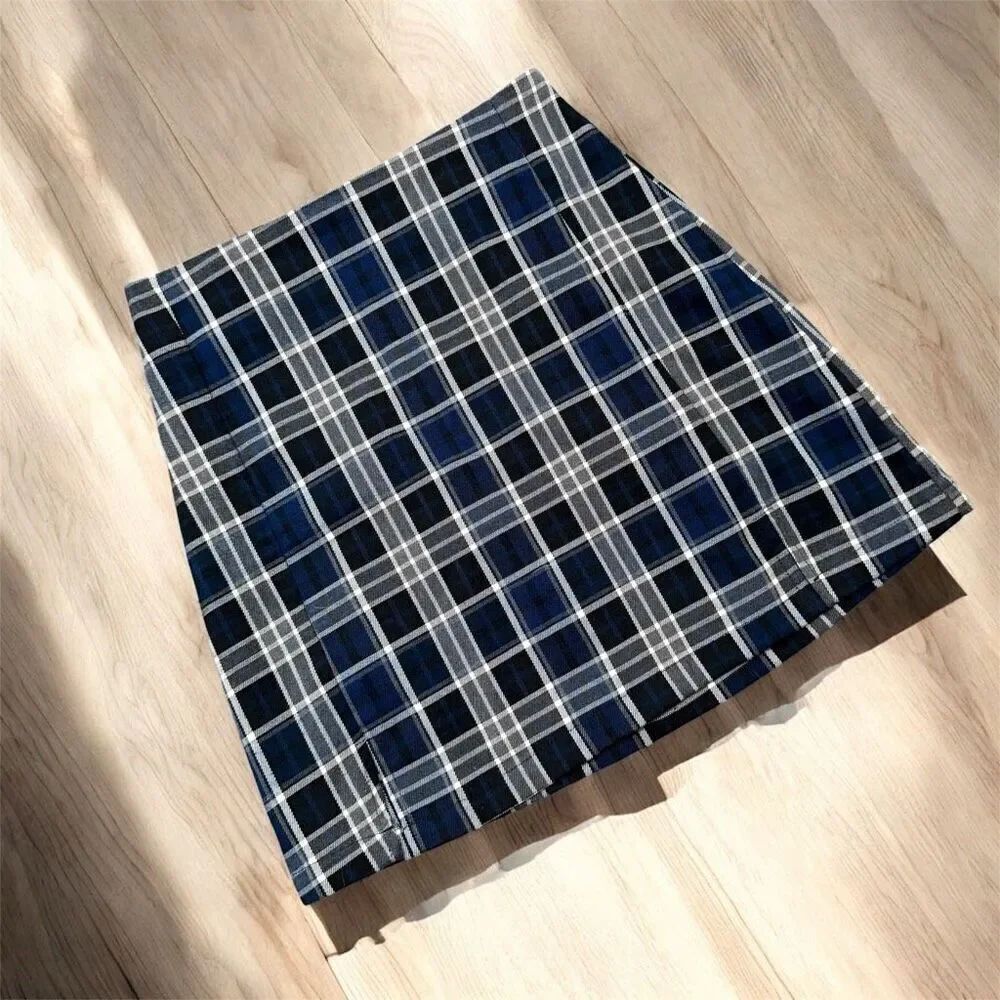 Brandy Melville John Galt Black Blue Plaid Mini Skirt Slit Tartan XS
